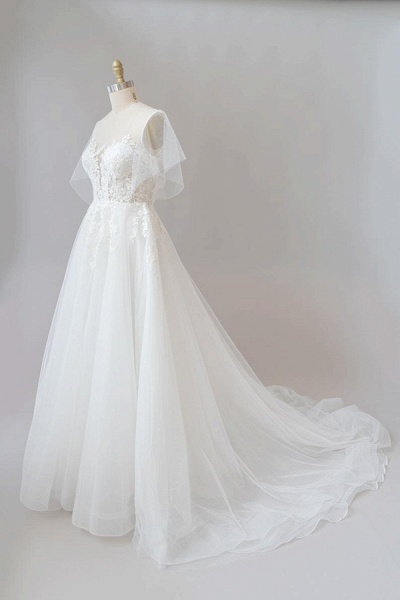 Appliques Tulle A-line Chapel Train Wedding Dress_4