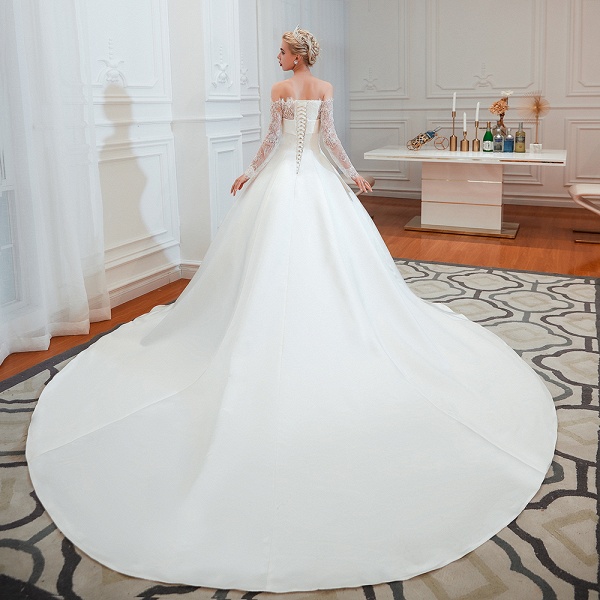 Stunning Off-the-shoulder Long Sleeve A-Line Satin Church Wedding Dress_4