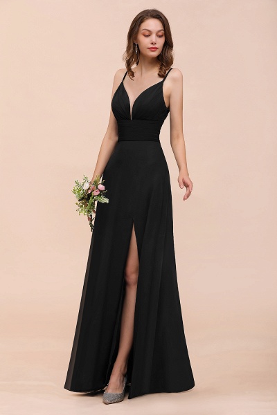 Elegant Black Spaghetti Straps Sweetheart Split Chiffon A-Line Bridesmaid Dress_5