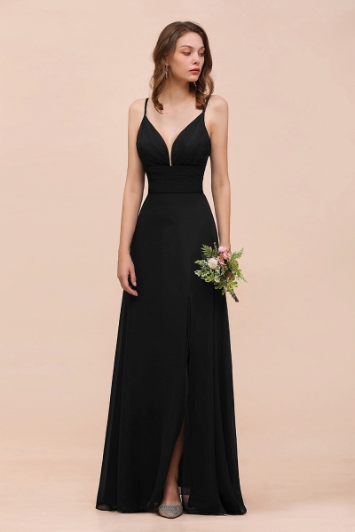 Elegant Black Spaghetti Straps Sweetheart Split Chiffon A-Line Bridesmaid Dress_9