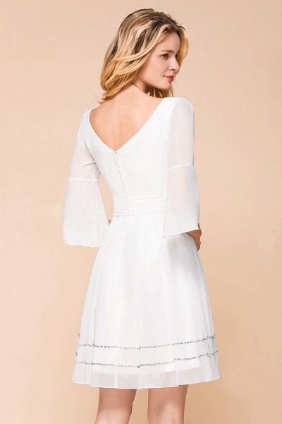 Elegant White Long Sleeve Deep V-neck A-line Knee-length Chiffon Bridesmaid Dress_9