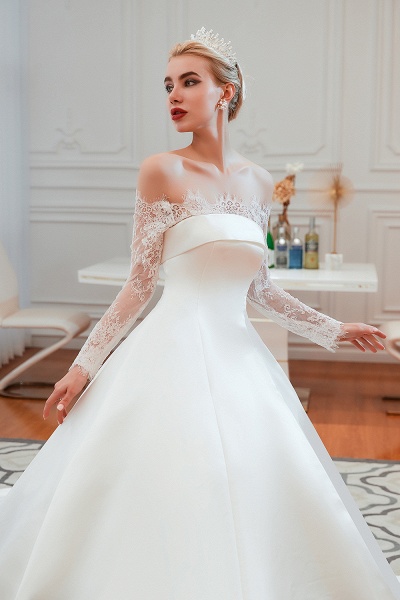 Stunning Off-the-shoulder Long Sleeve A-Line Satin Church Wedding Dress_9