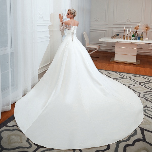 Stunning Off-the-shoulder Long Sleeve A-Line Satin Church Wedding Dress_7