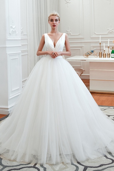 Romantic A-Line Tulle Wide Straps Deep V-neck Floor-length Wedding Dress_1