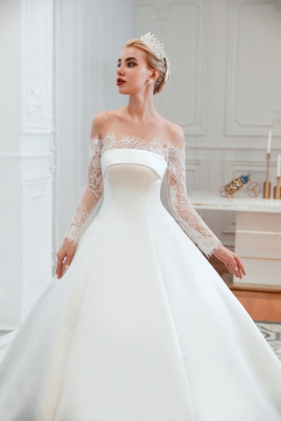 Stunning Off-the-shoulder Long Sleeve A-Line Satin Church Wedding Dress_12