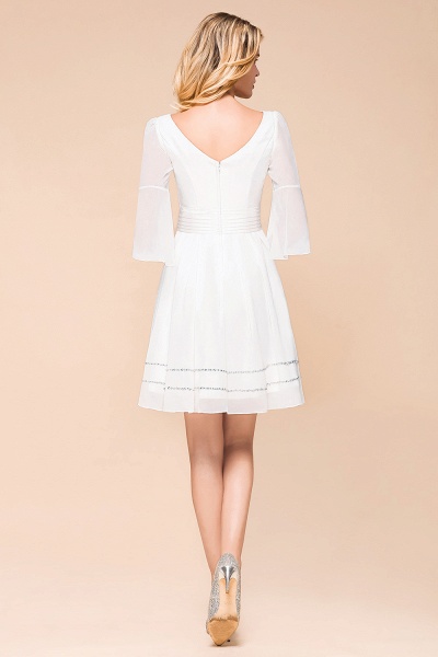 Elegant White Long Sleeve Deep V-neck A-line Knee-length Chiffon Bridesmaid Dress_3