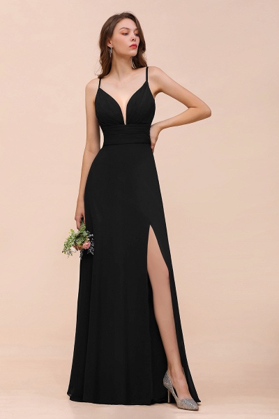 Elegant Black Spaghetti Straps Sweetheart Split Chiffon A-Line Bridesmaid Dress_4