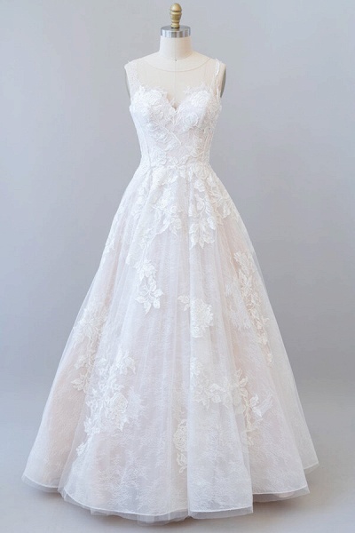 Illusion Appliques Tulle A-line Wedding Dress_1