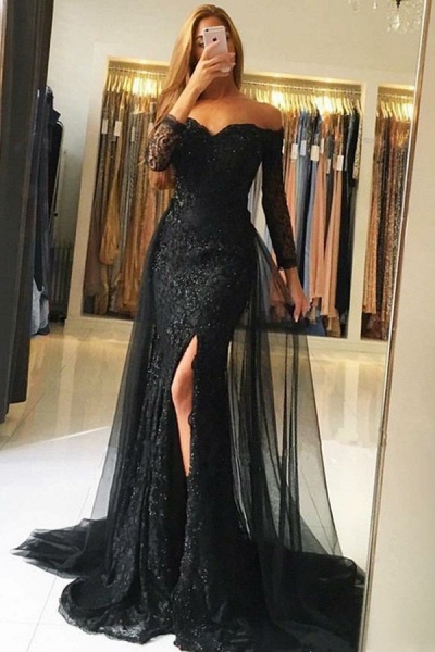 Newest Mermaid Off-the-shoulder Long Sleeves Tulle Prom Dress with Slit_2