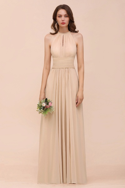 Elegant Long A-Line Jewel Ruffle Chiffon Champagne Bridesmaid Dress_55