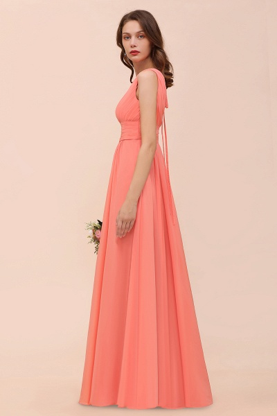 Elegant Long A-line V-Neck Ruffle Coral Chiffon Bridesmaid Dress_8