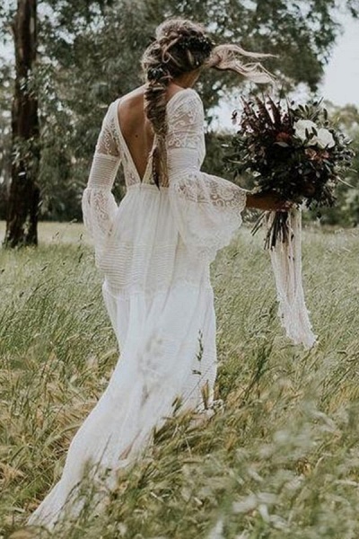 Empire Waist Long Sleeve Lace Tulle Wedding Dress-Boho Wedding Dress ...