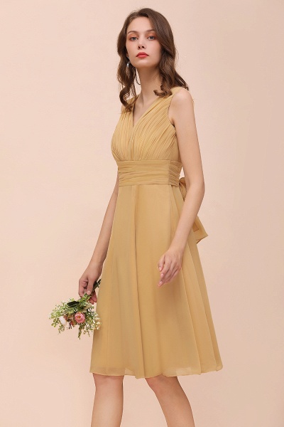 Erschwingliches kurzes A-Linie V-Ausschnitt Gold Chiffon Brautjungfernkleid mit Schleife_7