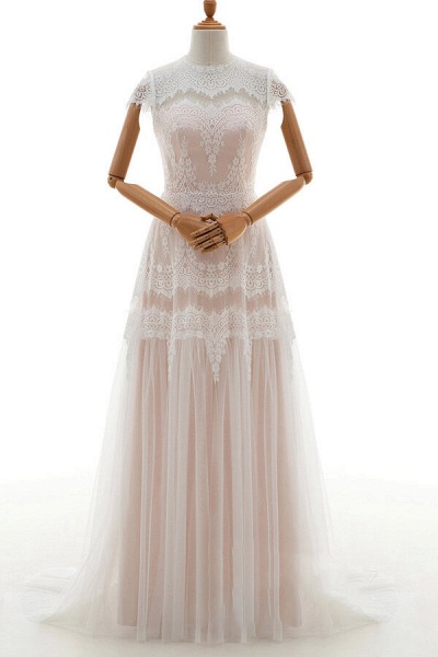 Sleek Cap Sleeve Lace Tulle A-line Wedding Dress_1