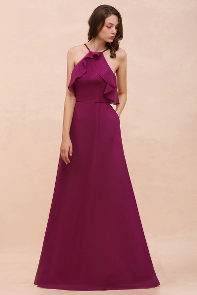 Stylish Long A-line Chiffon Halter Mulberry Bridesmaid Dress with Pockets_4