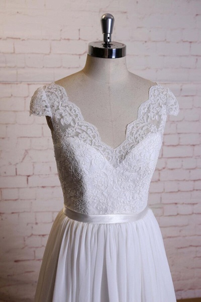 Cap Sleeve A-line Lace Chiffon Wedding Dress_5