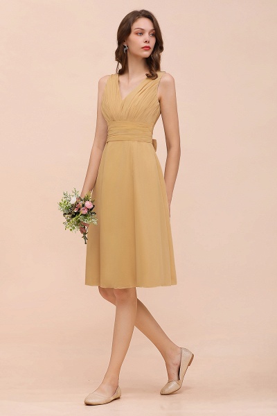 Affordable Short A-line V-neck Gold Chiffon Bridesmaid Dress with Bow_4