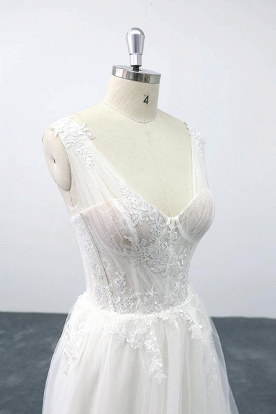 Lace-up V-neck Appliques Tulle A-line Wedding Dress_6