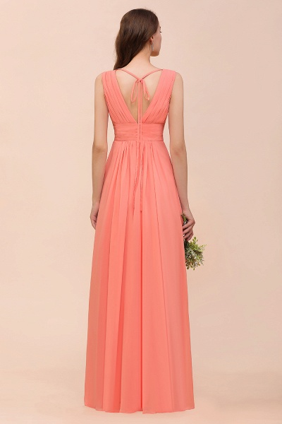Elegant Long A-line V-Neck Ruffle Coral Chiffon Bridesmaid Dress_3
