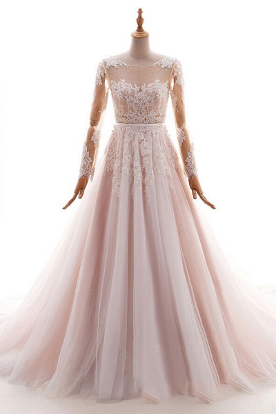 Long Sleeve Appliques Tulle A-line Wedding Dress_2