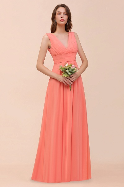 Elegant Long A-line V-Neck Ruffle Coral Chiffon Bridesmaid Dress_7
