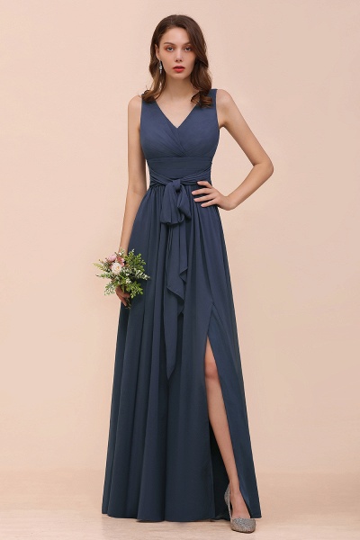 Affordable Long A-line V-neck Chiffon Stormy Bridesmaid Dress with Slit_1