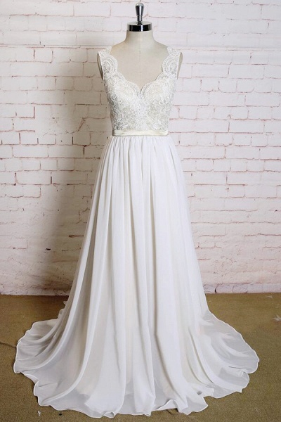 Latest V-neck Lace Chiffon A-line Wedding Dress_1