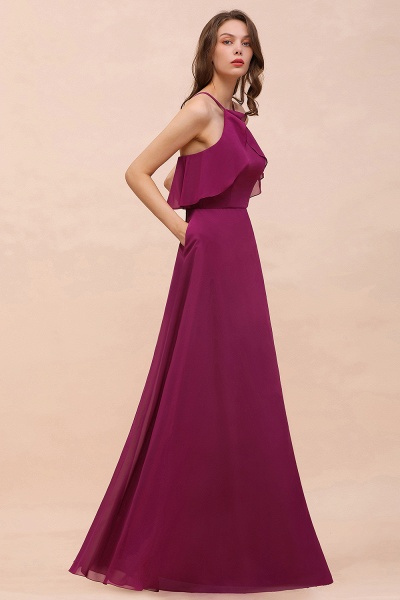 Stylish Long A-line Chiffon Halter Mulberry Bridesmaid Dress with Pockets_9