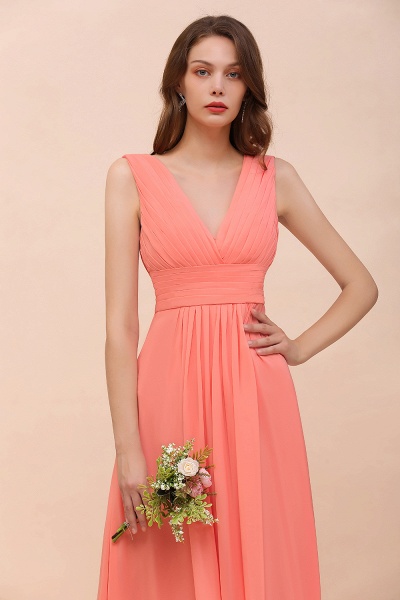 Elegant Long A-line V-Neck Ruffle Coral Chiffon Bridesmaid Dress_6