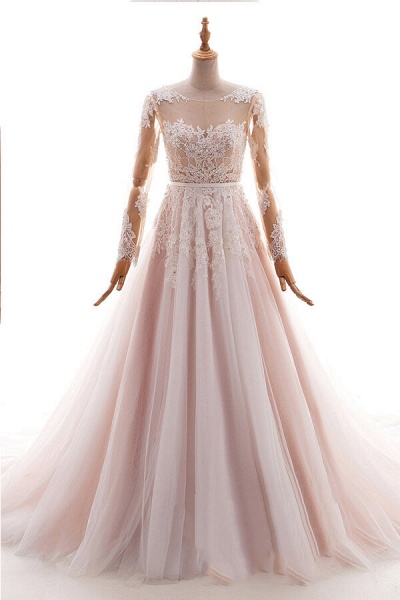 Long Sleeve Appliques Tulle A-line Wedding Dress_1