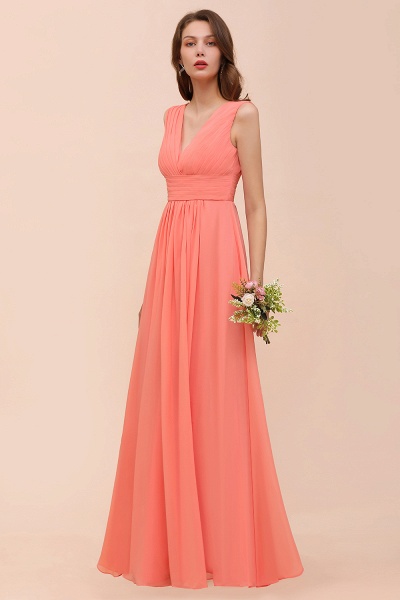 Elegant Long A-line V-Neck Ruffle Coral Chiffon Bridesmaid Dress_5