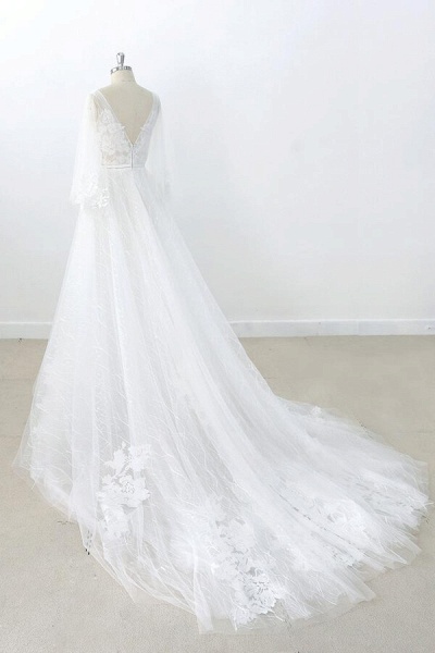 Long Sleeve V-neck Appliques Tulle Wedding Dress_5