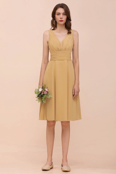 Affordable Short A-line V-neck Gold Chiffon Bridesmaid Dress with Bow_5