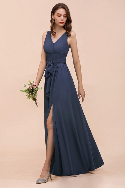 Affordable Long A-line V-neck Chiffon Stormy Bridesmaid Dress with Slit_4