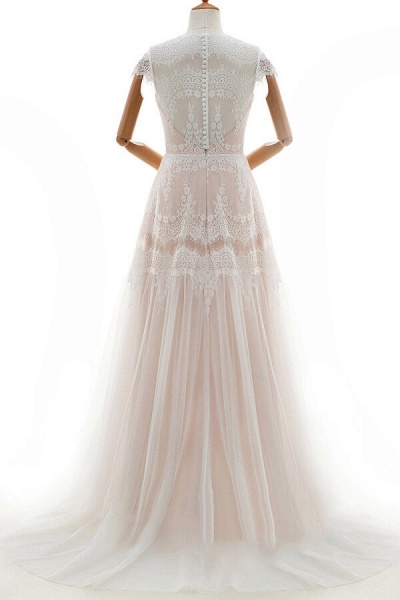 Sleek Cap Sleeve Lace Tulle A-line Wedding Dress_3