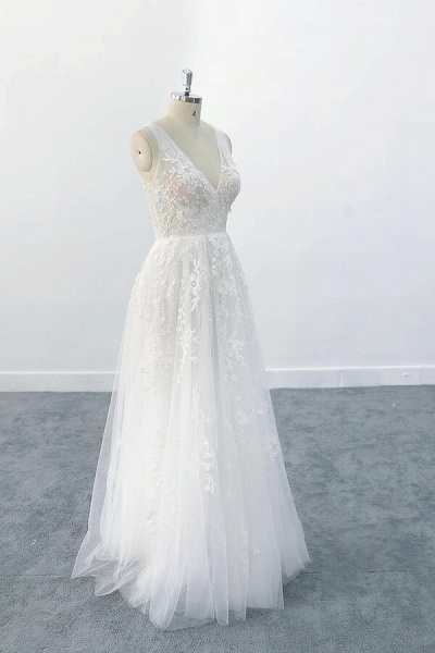 Elegant V-neck Appliques Tulle A-line Wedding Dress_4