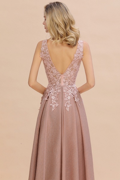 Long A-line V-neck Sleeveless Lace Bridesmaid Dresses_7