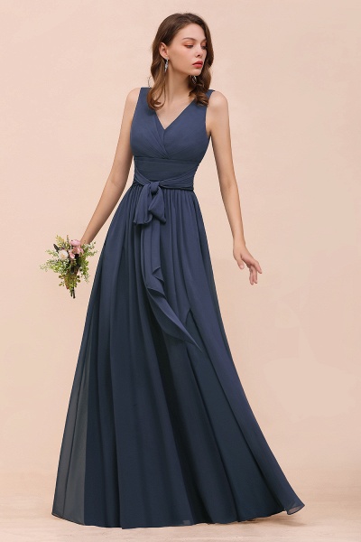 Affordable Long A-line V-neck Chiffon Stormy Bridesmaid Dress with Slit_5