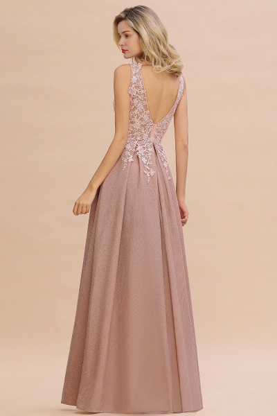 Long A-line V-neck Sleeveless Lace Bridesmaid Dresses_6