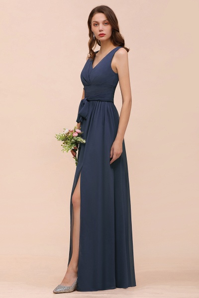 Affordable Long A-line V-neck Chiffon Stormy Bridesmaid Dress with Slit_9