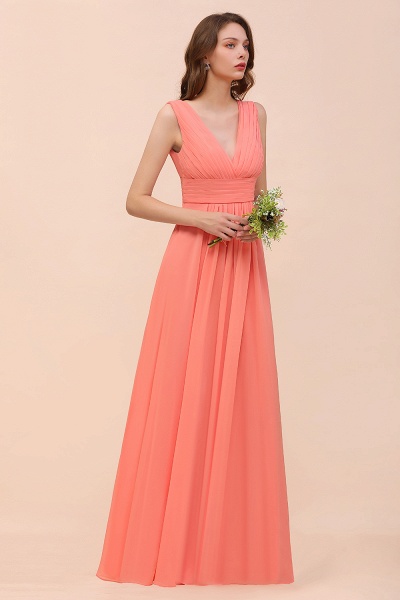Elegant Long A-line V-Neck Ruffle Coral Chiffon Bridesmaid Dress_9