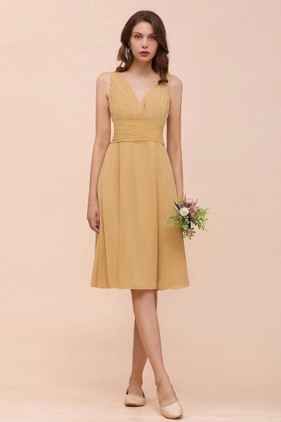 Affordable Short A-line V-neck Gold Chiffon Bridesmaid Dress with Bow_1