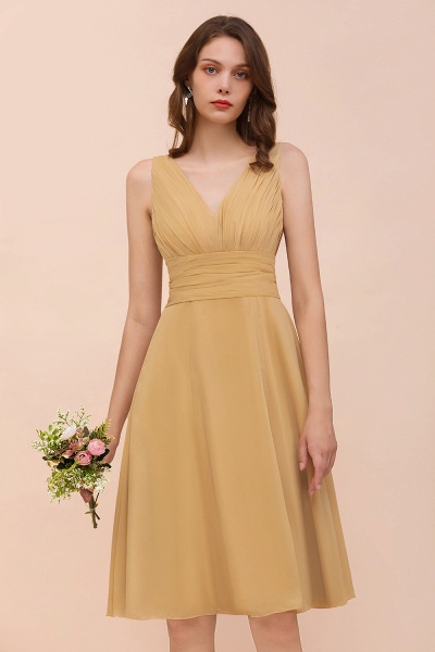 Affordable Short A-line V-neck Gold Chiffon Bridesmaid Dress with Bow_9