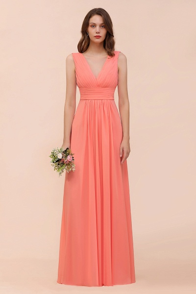 Elegant Long A-line V-Neck Ruffle Coral Chiffon Bridesmaid Dress_4