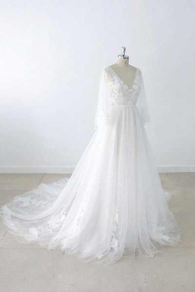 Long Sleeve V-neck Appliques Tulle Wedding Dress_4