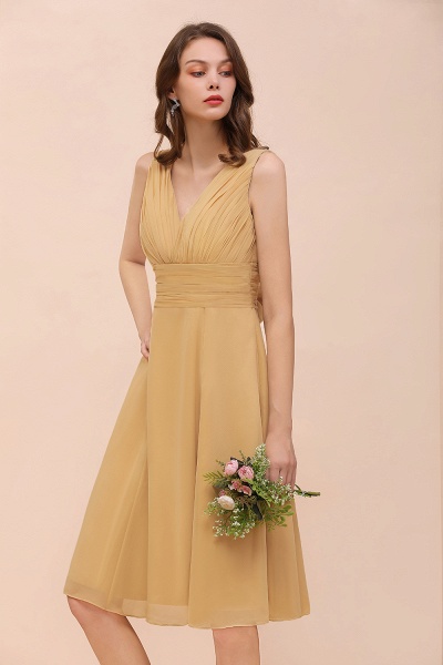 Affordable Short A-line V-neck Gold Chiffon Bridesmaid Dress with Bow_8