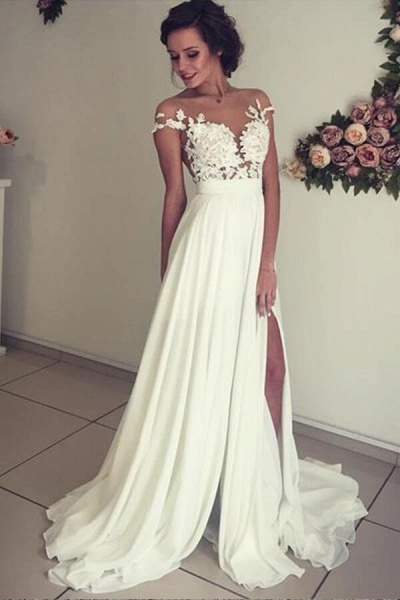 Awesome Front Slit Appliques Chiffon Wedding Dress_1