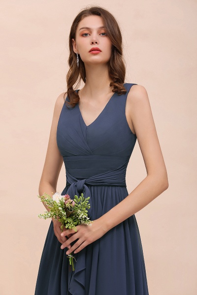 Affordable Long A-line V-neck Chiffon Stormy Bridesmaid Dress with Slit_6