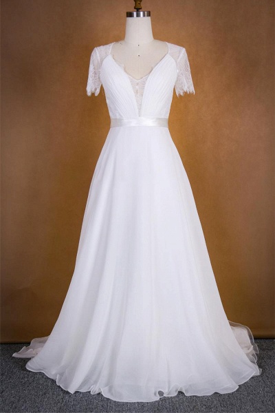 Ruffle Short Sleeve Lace Chiffon Wedding Dress_1