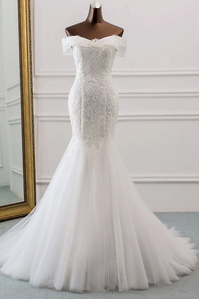 Off Shoulder Appliques Tulle Mermaid Wedding Dress_1